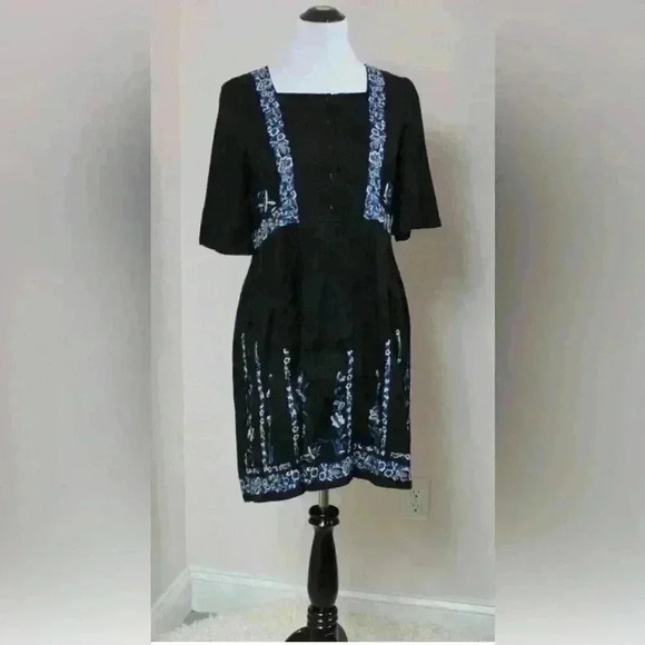 French Connection Black Embossed Brocade Blue Embroidered Floral Dress - Picture 1 of 8
